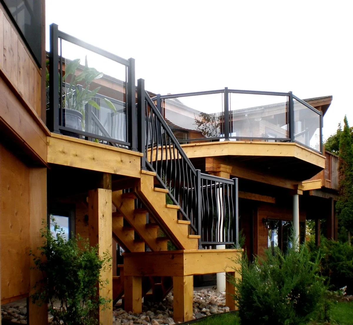 Elevated wooden patio with stairs