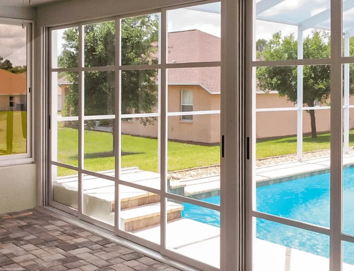 Bright sunroom overlooking pool area