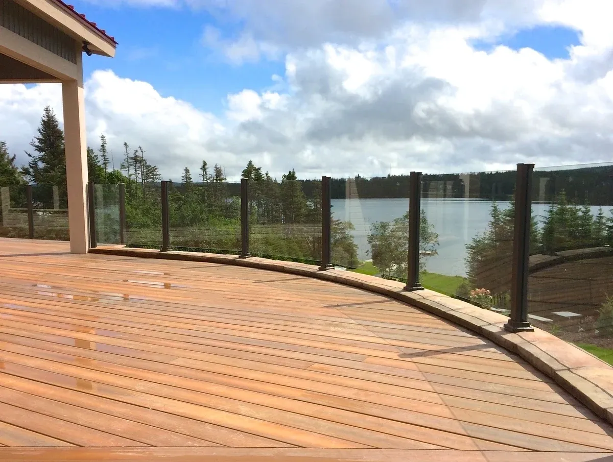 Glass railing on lakeside deck