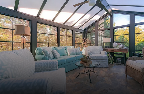 Bright sunroom with large windows