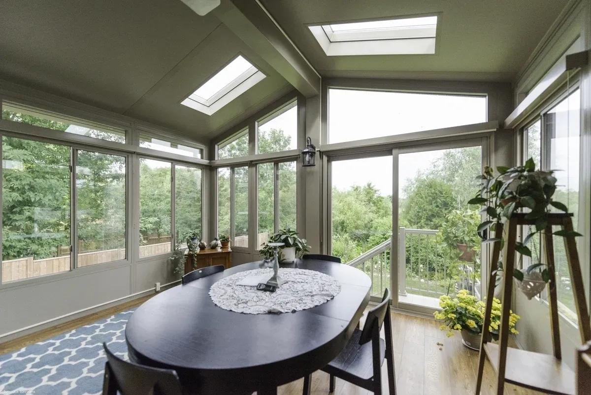 Bright dining space overlooking greenery