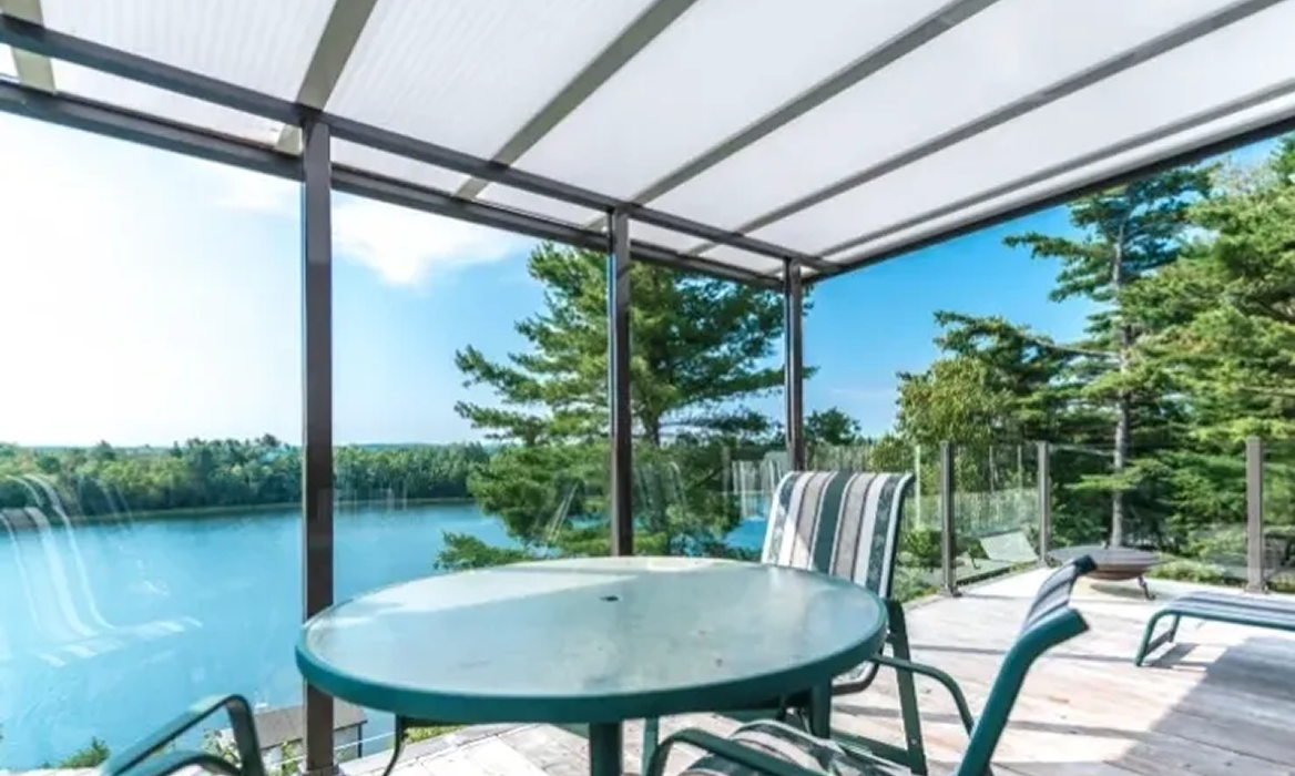 Outdoor patio overlooking serene lake
