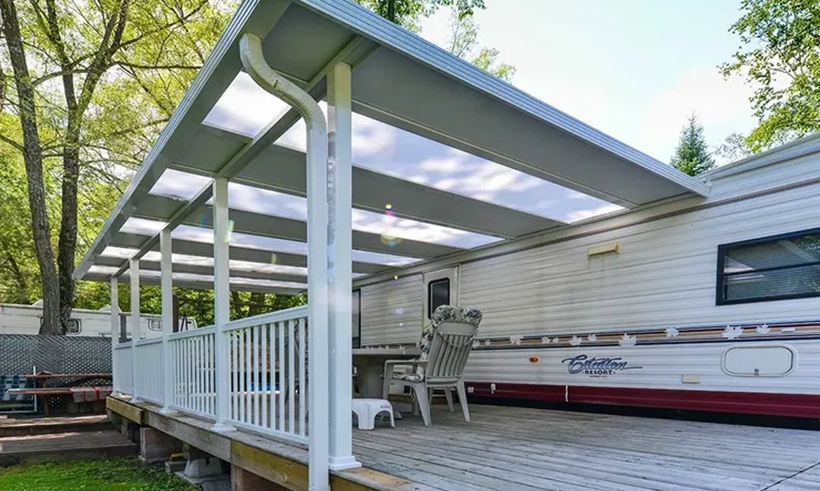 RV porch with white railing and roof