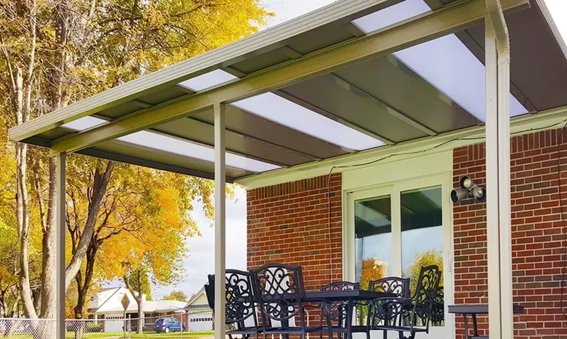 Brick house with shaded patio