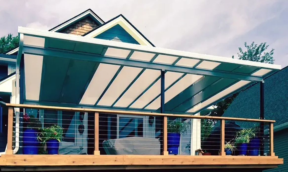 Covered patio with blue planters