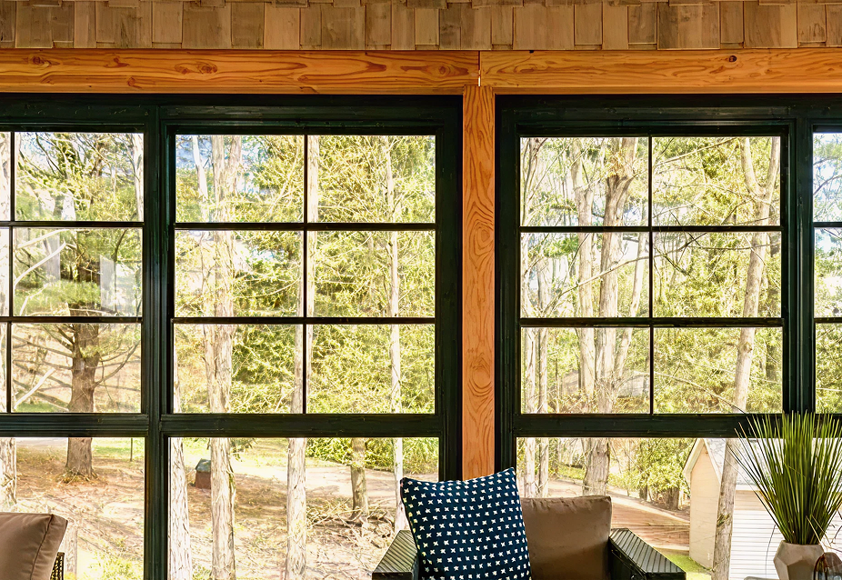 Sunlit room overlooking trees
