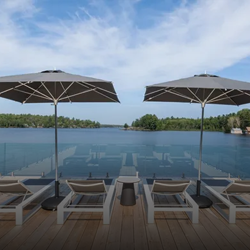 Scenic lake view with umbrellas