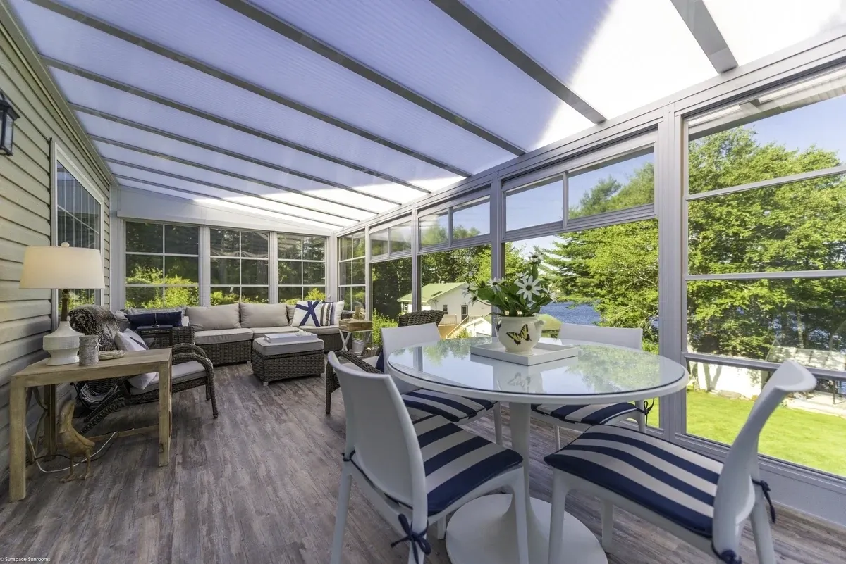 Cozy indoor space overlooking lush garden.