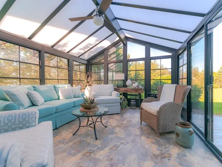 Relaxing lounge in glass-enclosed space