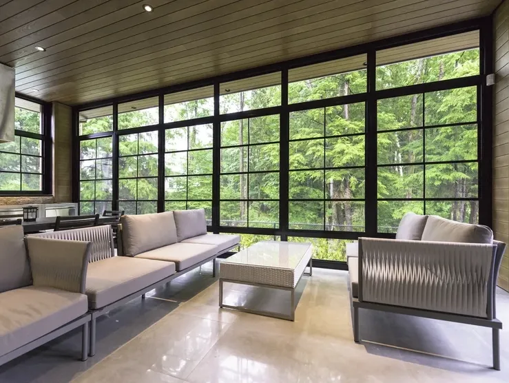 Spacious lounge area with forest view