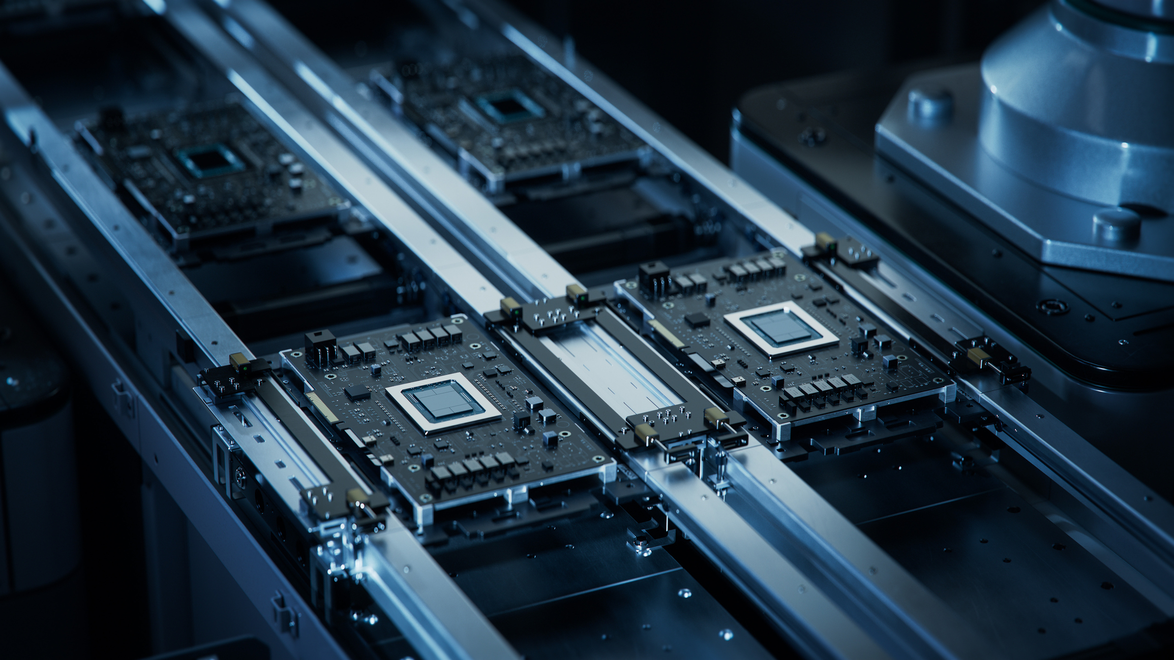 Black Circuit Board with Advanced Microchip on Assembly Line. Electronics Manufacturing Facility or Factory. Electronic Devices Production Industry. Fully Automated PCB Assembly Line.