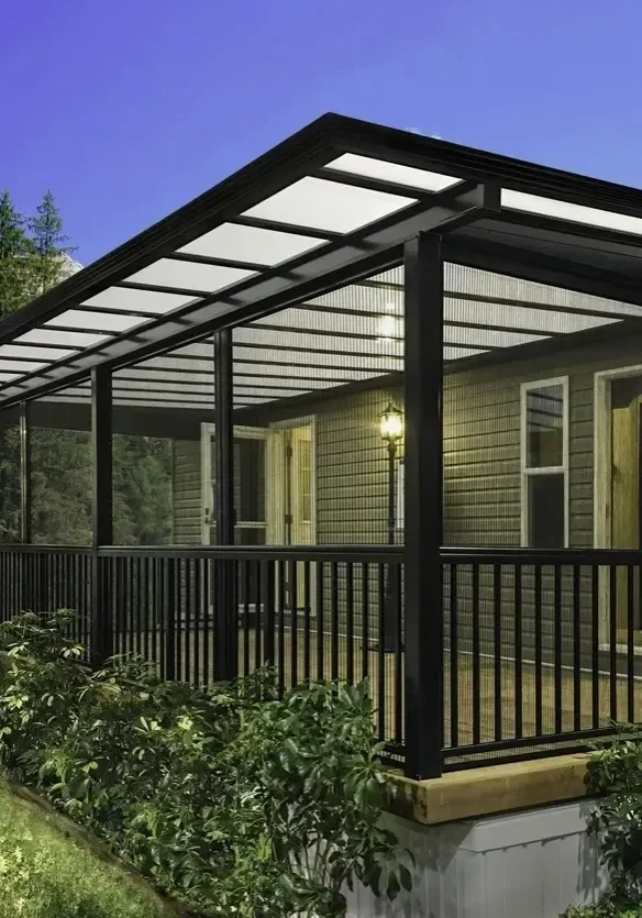 Modern enclosed porch with greenery